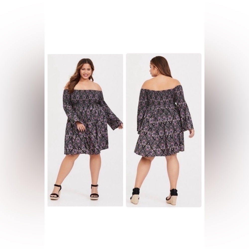 Torrid Mini Challis Off Shoulder Skater Dress Purple & Black Floral Size 2X NWT